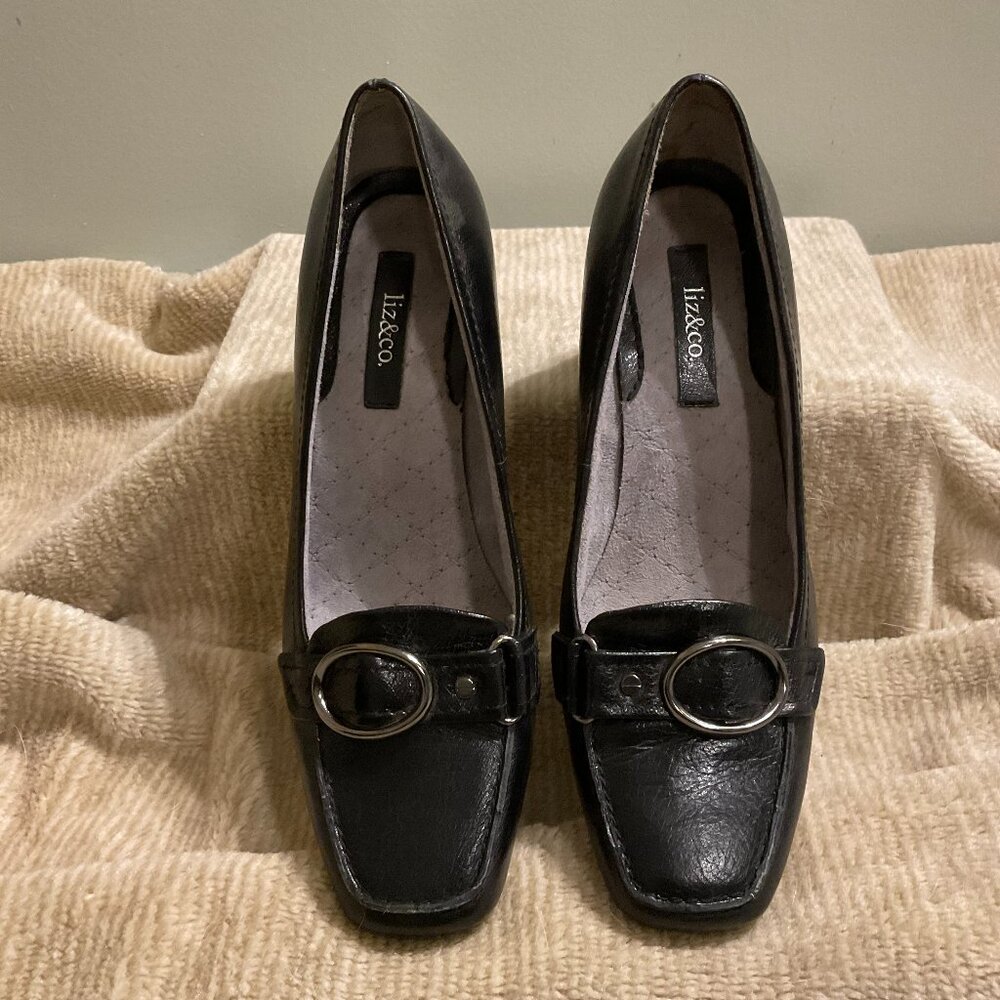 Liz & Co. - Liz Claiborne Shoes, Chunky 2" Heel Pumps, Black Leather, Size 7M